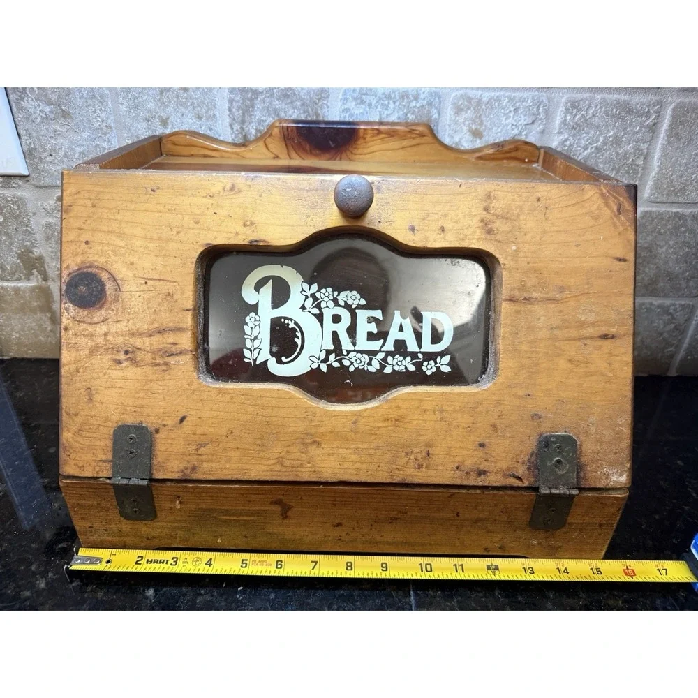 VTG Wooden Bread Box Stencil Design Glass‎ Farmhouse Decor Cottage Core Granny